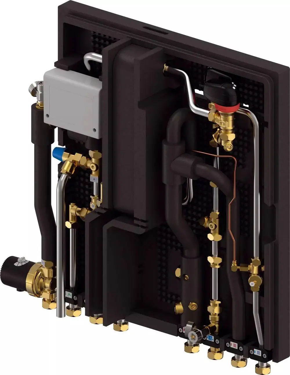 Uponor Kombi Port E-Pro Station mit verschiedenen Rohren und Anschlussventilen, die für Heizungs- und Warmwasseranwendungen ausgelegt sind.